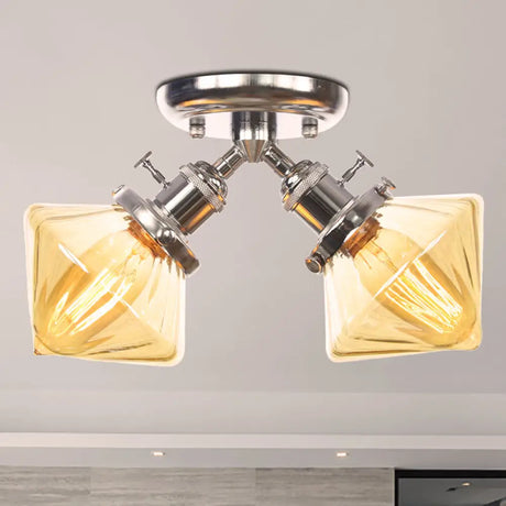 Diamond Amber/Clear Glass Semi Mount Farmhouse Light Fixture - 2 - Light Flush Black/Bronze Design