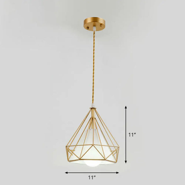 Diamond Cage Iron Pendant Light For Dining Room - Vintage Hanging Fixture Gold / White