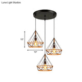 Diamond Cage Pendant Lamp - Industrial Stylish 3 Lights Metal And Rope Black