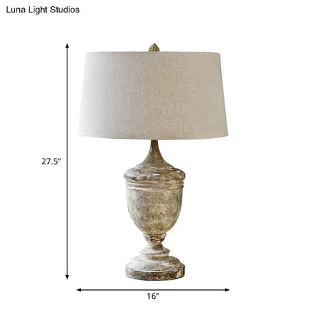 Distressed White Retro Style Desk Lamp With Fabric Shade And Urn Base