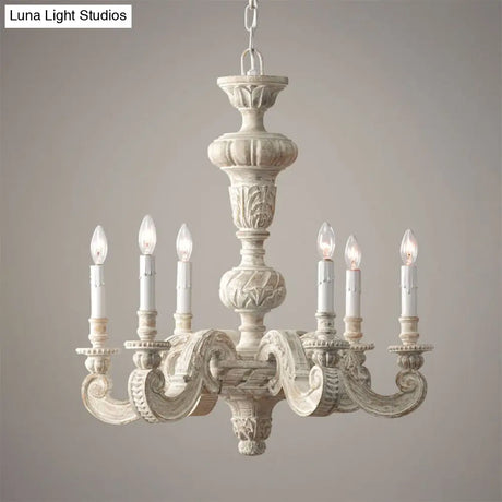 Distressed White Wood Hanging Chandelier For Classic Living Rooms - Caged Suspension Pendant Light