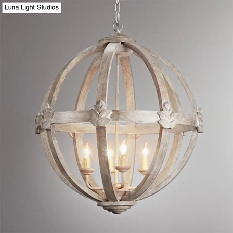 Distressed White Wood Hanging Chandelier For Classic Living Rooms - Caged Suspension Pendant Light