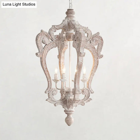 Distressed White Wood Hanging Chandelier For Classic Living Rooms - Caged Suspension Pendant Light