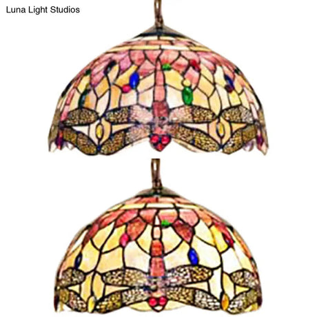 Dome Ceiling Lamp: Tiffany Shell Pink Dragonfly Pattern 3-Bulb Pendant Light - 12’/16’ Wide