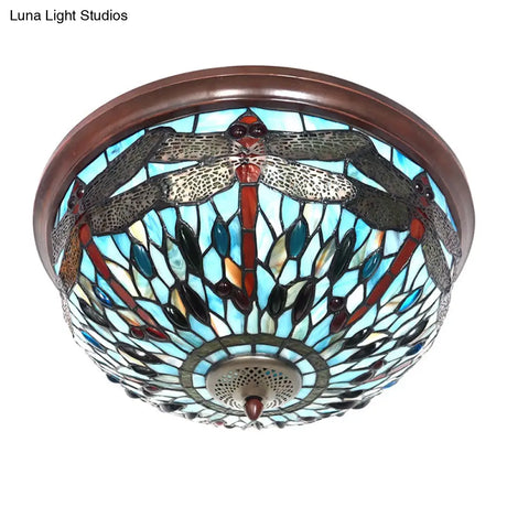Dome Flush Mount Light: Blue/Red Tiffany Stained Glass Led Ceiling Lamp With Dragonfly Pattern