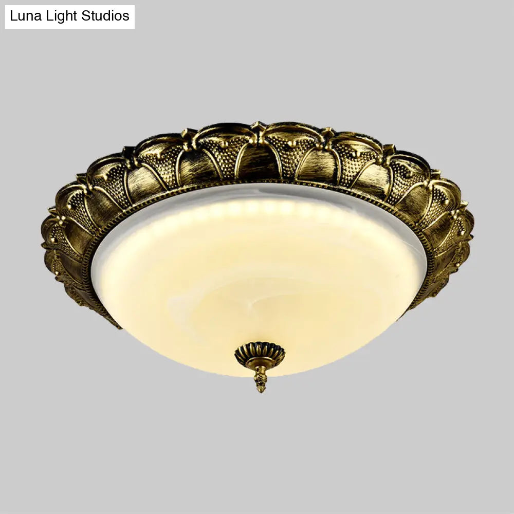 Dome Shape Hallway Flush Mount Lighting In Vintage Frosted Glass White/Brass Led - Warm/White Light
