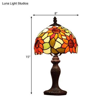 Dome-Shaped Sunflower Patterned Tiffany Table Lamp In Dark Brown