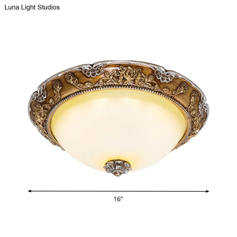 Dome Tan Glass Shade Flush Ceiling Light Fixture Led Bedroom Lamp In Brown - Traditional Style