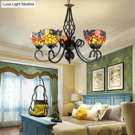 Dragonfly 5-Light Stained Glass Chandelier: Rustic Pendant Lamp For Bedroom
