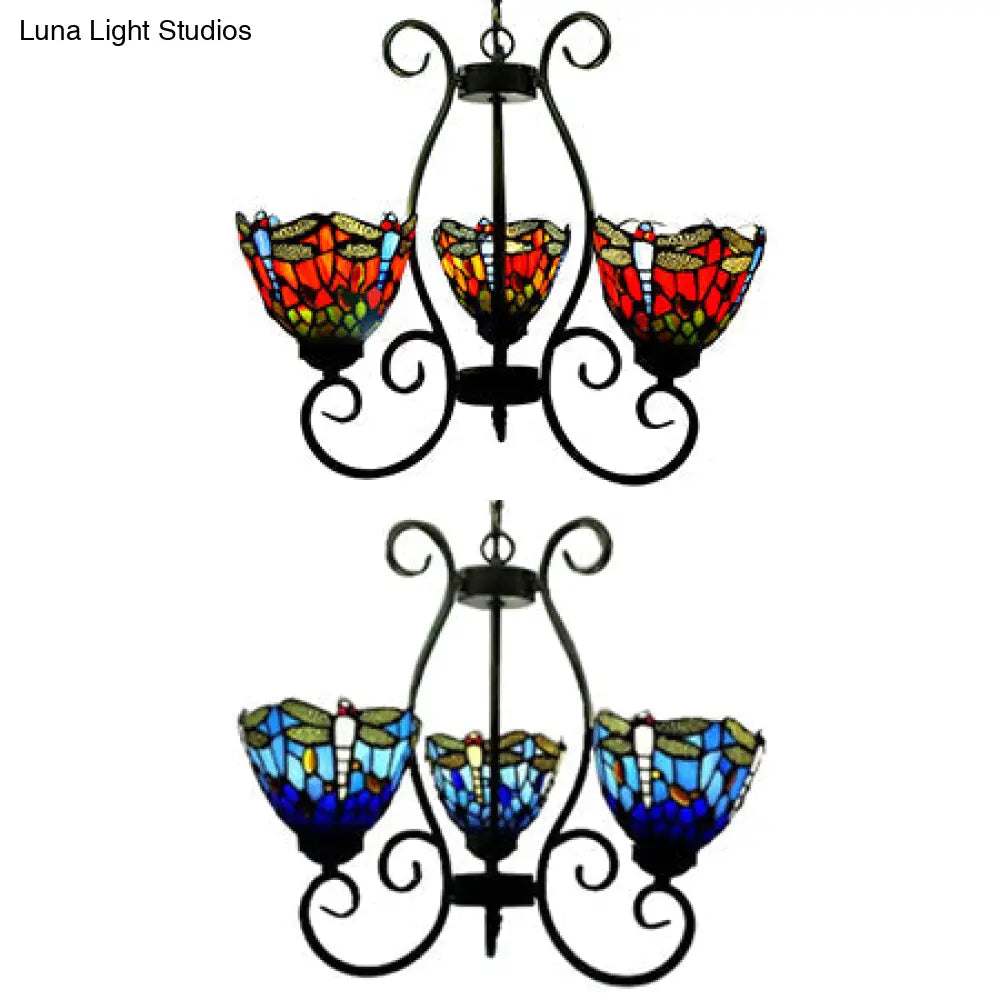 Dragonfly Chandelier Pendant Light - Stained Glass Loft Lighting In Red/Blue For Living Room