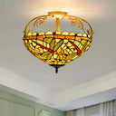 Dragonfly Cut Glass Semi Flush Mount Ceiling Light Fixture - Mediterranean Style 3 Lights
