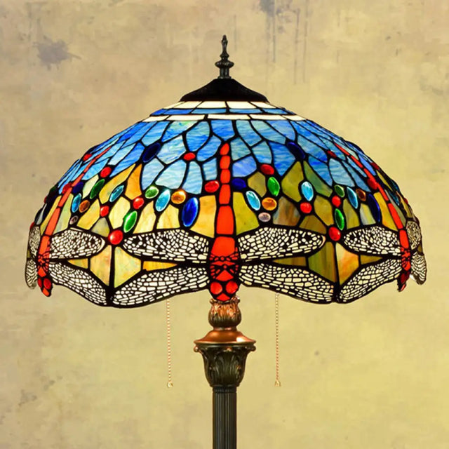 Dragonfly Stained Art Glass Tiffany Floor Lamp - 2 Heads Blue With Pull Chain