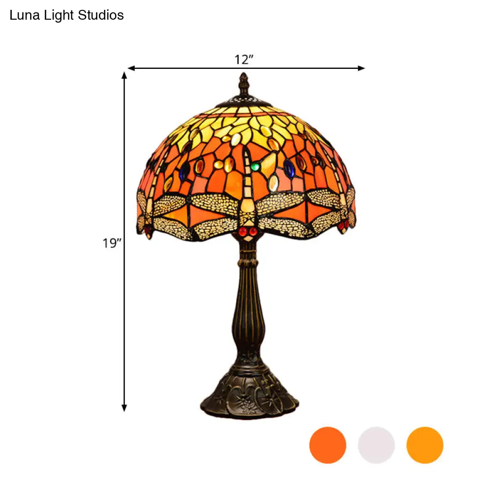 Dragonfly Stained Glass Tiffany Night Lamp - Elegant 1-Head Table Light In White/Yellow/Orange For
