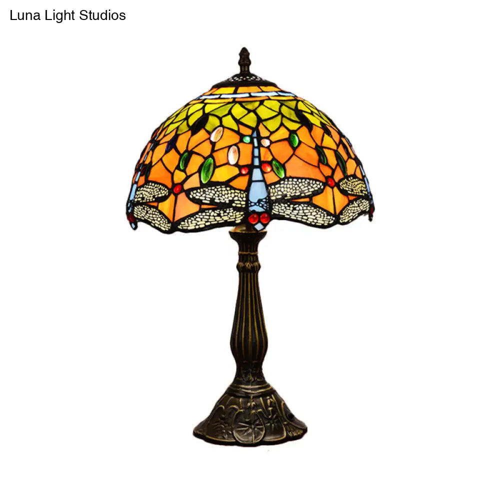 Dragonfly Stained Glass Tiffany Night Lamp - Elegant 1-Head Table Light In White/Yellow/Orange For