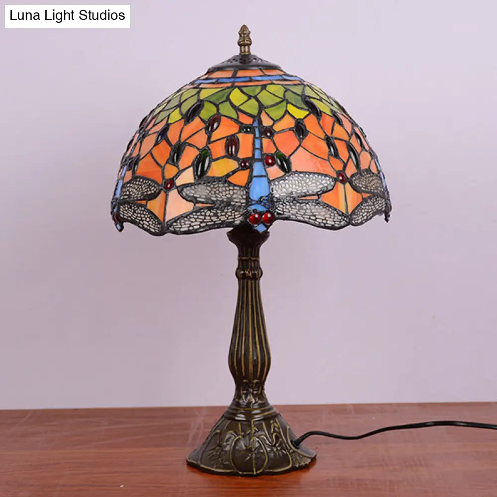 Dragonfly Stained Glass Tiffany Night Lamp - Elegant 1-Head Table Light In White/Yellow/Orange For