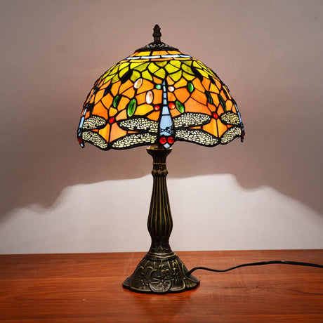 Dragonfly Stained Glass Tiffany Night Lamp - Elegant 1-Head Table Light In White/Yellow/Orange For