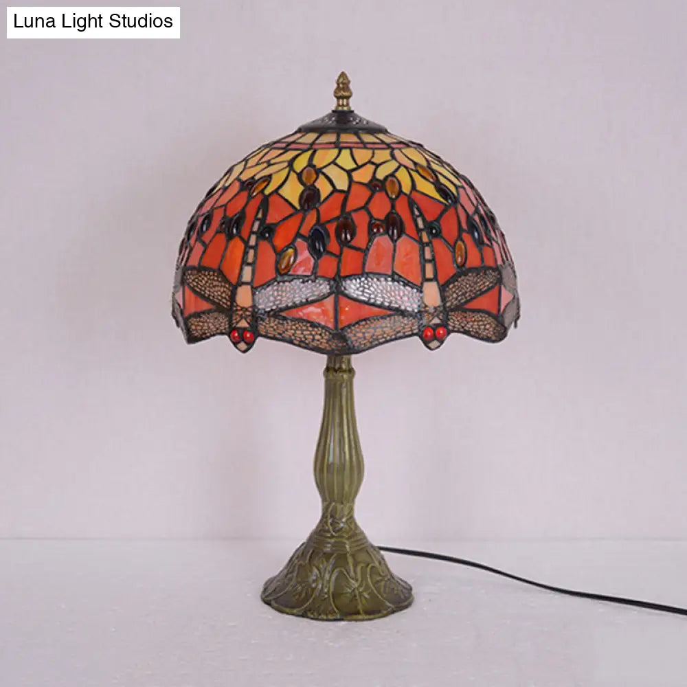 Dragonfly Stained Glass Tiffany Night Lamp - Elegant 1-Head Table Light In White/Yellow/Orange For