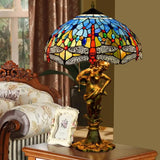 Dragonfly Tiffany Nightstand Lamp - 3-Light Glass Table Light In Yellow/Orange/Blue With Pull Chain
