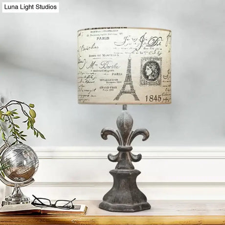 Drum Living Room Table Light: Country Fabric 1-Light Beige Script Print Desk Lamp With Resin Etched