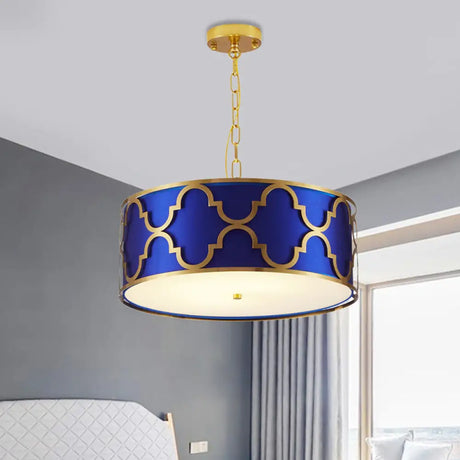 Drum Shade Chandelier Light - Nordic Style Ceiling Lamp For Dining Room 3 Lights Black/White/Blue