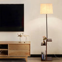 Drum Shaped Led Floor Lamp With Wood Shelf - Contemporary Fabric Standing Light For Living Room