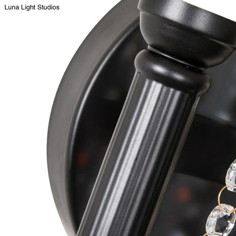 Drum Wall Sconce: Lodge Style Fabric Lamp With Crystal Bead Detail 2 Bulbs And U-Shaped Arm In Black