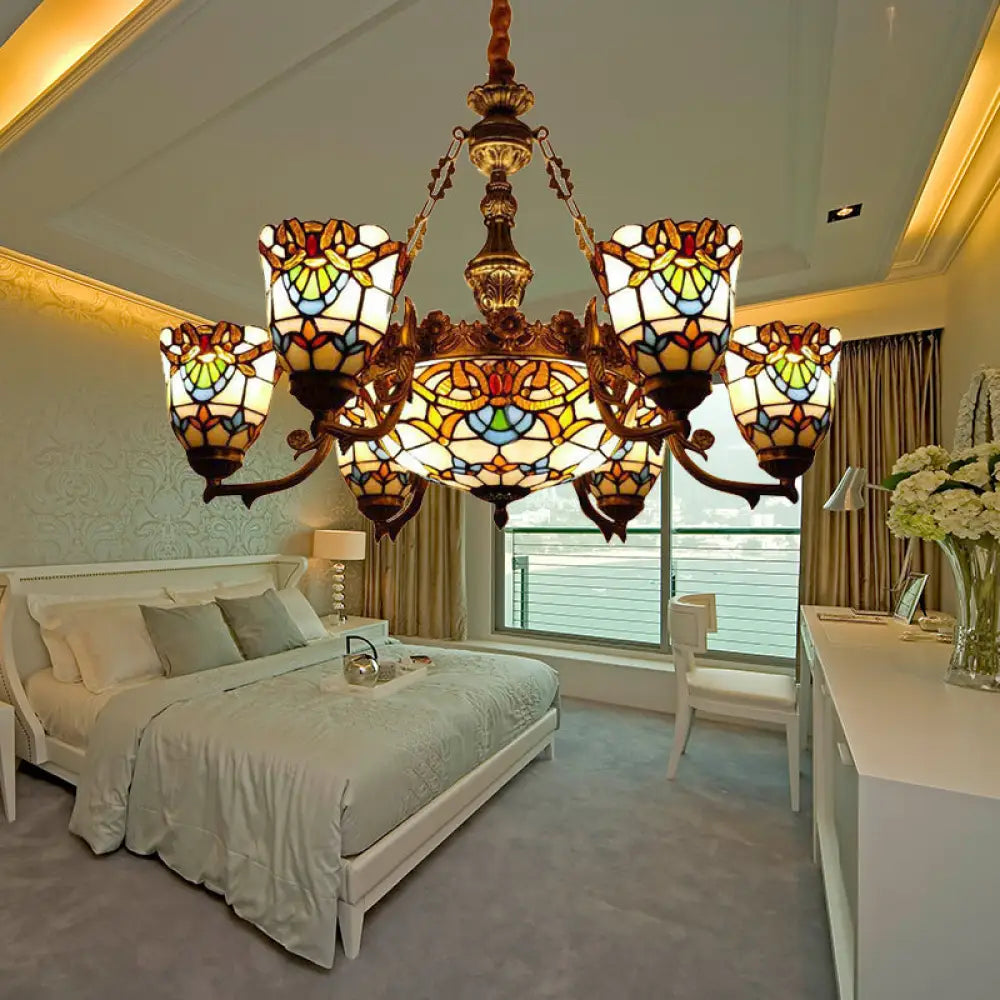 Elegant Baroque Style Dining Room Chandeliers With Art Glass Shade And Curved/Straight Arm Brown /