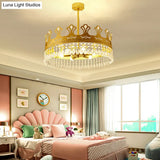 Elegant Brass Crown Chandelier Lamp Simplicity Metal Pendant Lighting With Crystal Drops For Bedroom