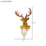 Elk Head Farmhouse Sconce: 1-Light Black & White Resin Wall Lamp With Flower Detail And Raindrop