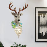 Elk Head Farmhouse Sconce: 1-Light Black & White Resin Wall Lamp With Flower Detail And Raindrop