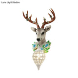 Elk Head Farmhouse Sconce: 1-Light Black & White Resin Wall Lamp With Flower Detail And Raindrop