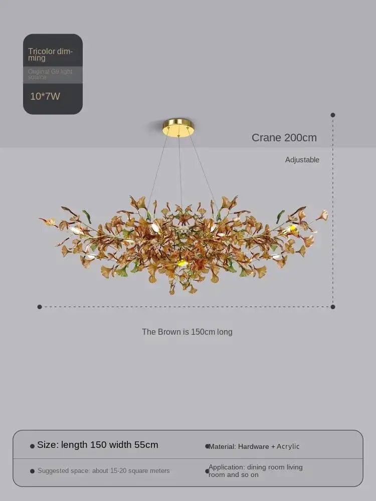 Elysian Ginkgo Glass Pendant Chandelier – Modern Luxury Lighting L150cm Brown Green / White light 6000K