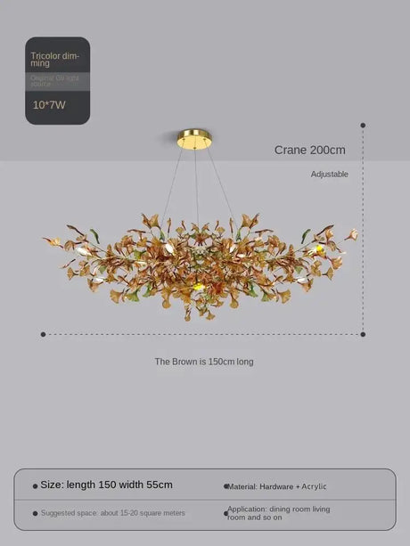 Elysian Ginkgo Glass Pendant Chandelier – Modern Luxury Lighting L150cm Brown Green / White light 6000K