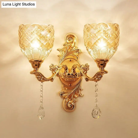 European Gold Textured Crystal Wall Sconce: 2-Light Dome/Flower Up Lamp Fixture