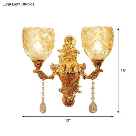 European Gold Textured Crystal Wall Sconce: 2-Light Dome/Flower Up Lamp Fixture