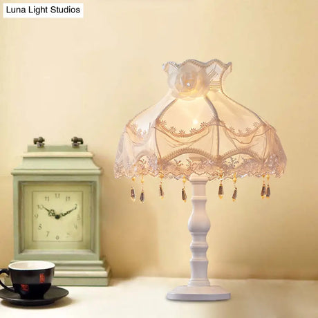 European White Nightstand Light With Flower/Lace Fabric And Draping Elegant Living Room Lighting