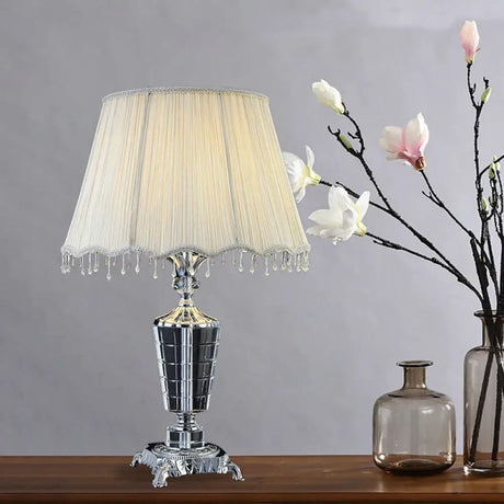 Fabric Night Table Lamp With Crystal Draping - Traditional White Empire Shade