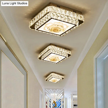 Faceted Crystal Led Flush Mount Ceiling Light With Nickel Finish And Floral Design