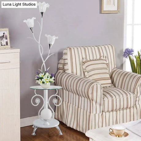 Faceted Glass Floor Lamp With Countryside Black/White Floral Shade - 3 Lights Ideal For Living Rooms