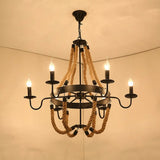 Factory Dining Room Chandelier: Wagon Wheel Metal Pendant Light Kit With Jute Rope In Black / F