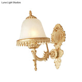 Farmhouse Beige Bell Wall Lamp With Opal Glass And Carved Trim - Perfect Bedroom Sconce