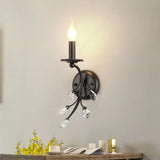 Farmhouse Black Metal Wall Light - Single-Bulb Candle Sconce With Crystal Twig Accents / E