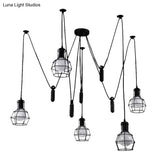 Farmhouse Black Metallic Pendant Light Fixture With Swag Design - 3/5/8 Head Caged Hanging Lamp