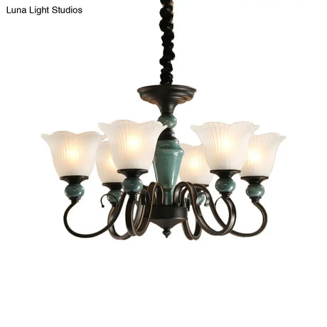 Farmhouse Blossom Up Chandelier - 3/8/12 Frosted Ribbed Glass Ceiling Hang Lights In Blackish Green