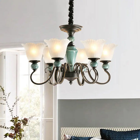 Farmhouse Blossom Up Chandelier - 3/8/12 Frosted Ribbed Glass Ceiling Hang Lights In Blackish Green