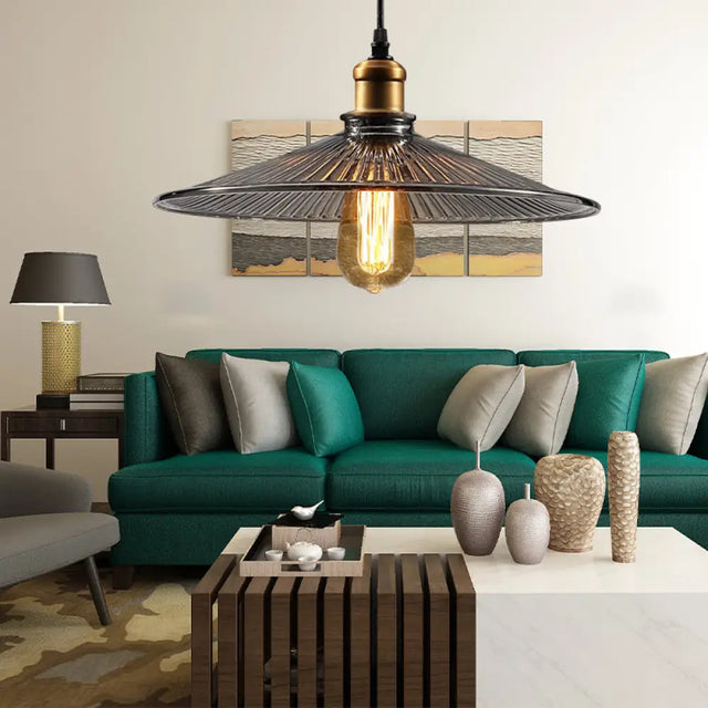 Farmhouse Brass Cone Pendant Ceiling Light With Ribbed Glass - Living Room Hanging Lamp (1 Light)