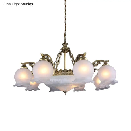 Farmhouse Bronze Chandelier With 11 Ruffled Down Bulbs And White Glass Ceiling Light