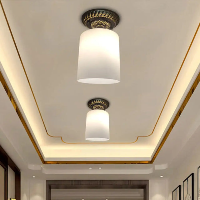 Farmhouse Bronze Flush Mount Ceiling Light With Milky Glass Brown