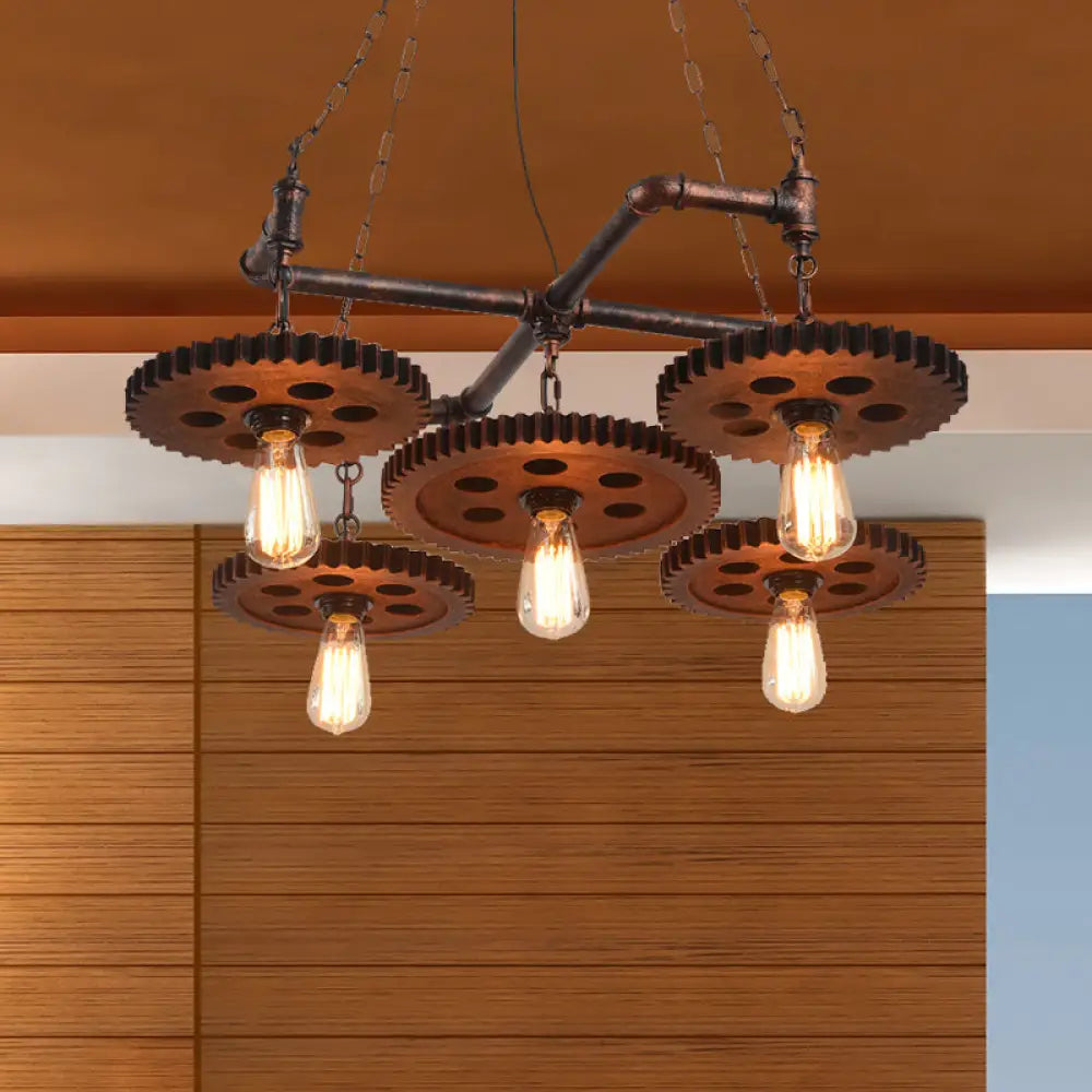 Farmhouse Bronze Metal Chandelier - 5 Lights Open Bulb Hanging Light ...