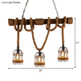 Farmhouse Brown Iron Bird Cage Pendant With Rope And Wood Pole - Set Of 3 Bulbs